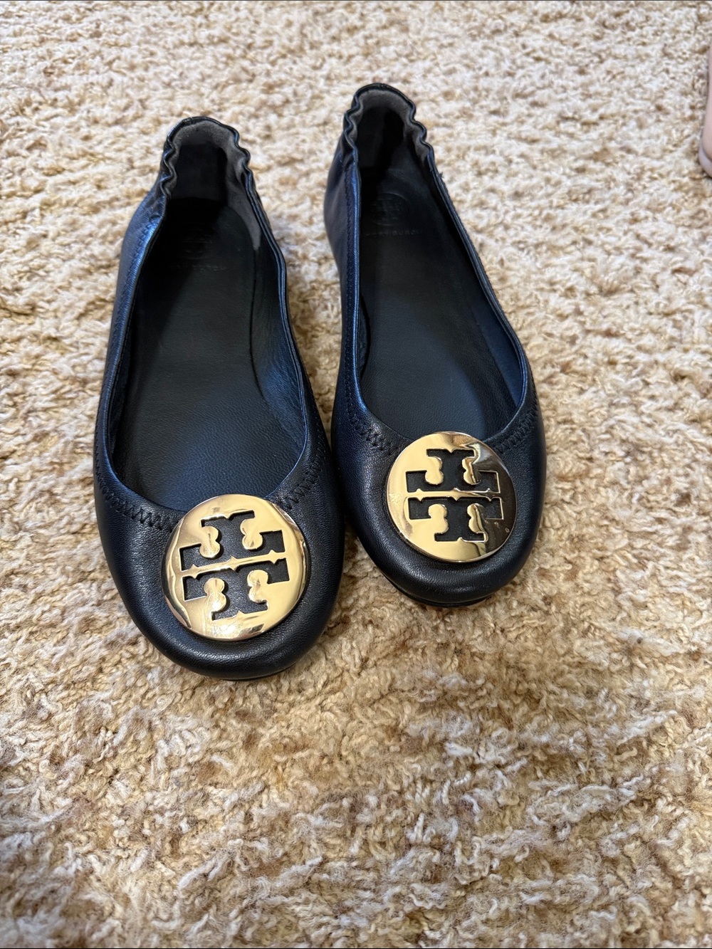 Tory Burch Black Leather Ballet Flats with Gold Logo Medallion